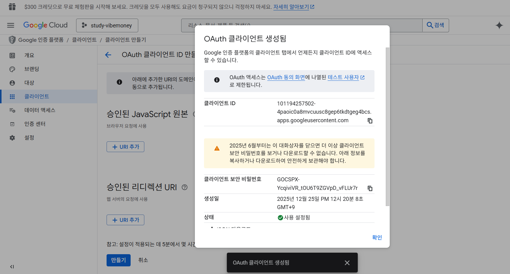 Google Cloud OAuth Client Created